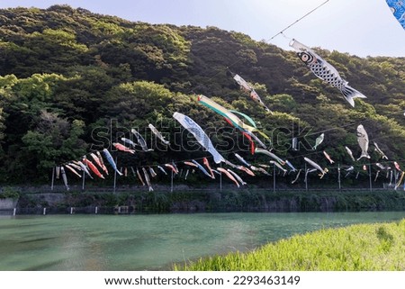Carp streamers fluttering in the wind over the Shiba River in Kitakyushu Royalty-Free Stock Photo #2293463149