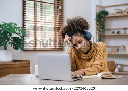Young teenager asian woman prepare learning study listen from online class video call zoom google meet discord, Asian woman stressed about learning studying concern nervous serius anxious