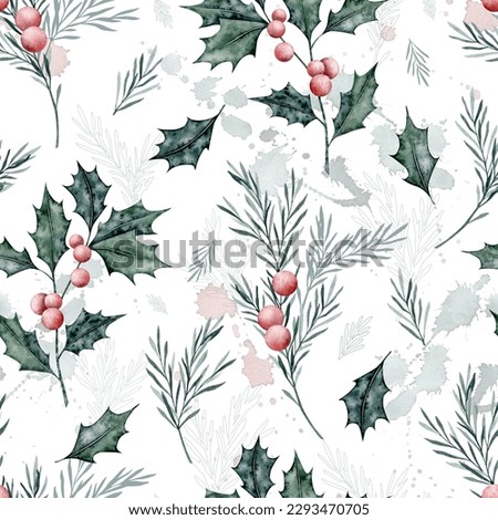 Watercolor winter palnt seamless pattern. Holly and rosemary print on white background with splashes. Hand drawn Christmas illustration for fabric, wrapping paper