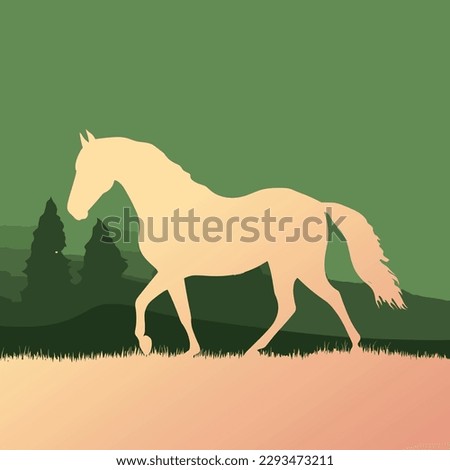 Gold Silhouette horse, green landscape, vector illustration