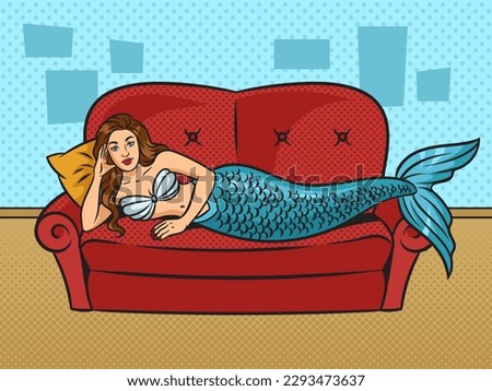 Mermaid lies on sofa pinup pop art retro vector illustration. Comic book style imitation.