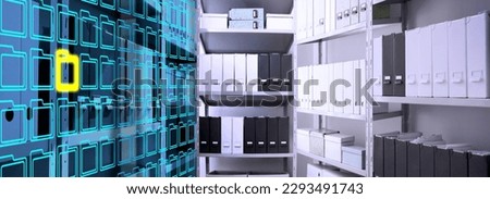 Digital archive. One of storage racks covered folder icons and toned in blue symbolizing keeping information digitally Royalty-Free Stock Photo #2293491743