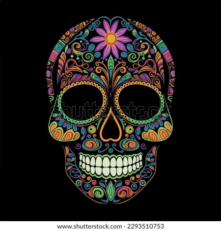 Sugar Skull neon. Day of the Dead Skull, isolated on white background. jack skellington. Mexican sugar skull. Design element for logo, emblem, sign, poster, card, banner. Vector illustration. Color