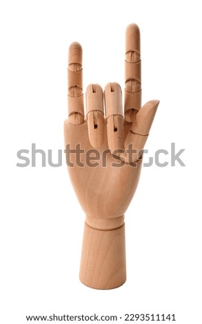 Wooden hand showing "i love you" gesture on white background