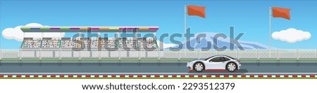 Super car on race track of for banner. Background of stadiums and cheerleaders and a blurry image of a mountains. Copy Space Flat Vector Illustration.