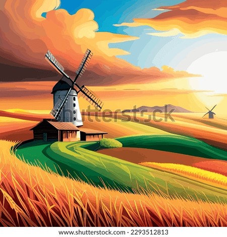 Rural summer landscape with windmill and wheat field. Vector illustration. Nature rural landscape with old dutch windmills on wheat field. Concept production flour from grain on mills with millstone