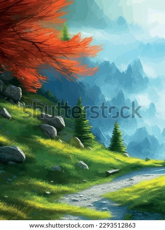 Colorful autumn landscape. Autumn season with red majestic mountains. Beautiful outdoor landscape painting. Scenic view nature with trees pines. Colorful pastel painting foggy day vector illustration 