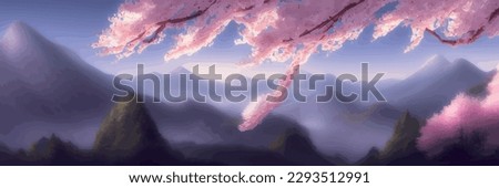 Japanese landscape with sakura trees against the backdrop of mountains and a volcano. beautiful fantasy landscape. vector banner illustration Royalty-Free Stock Photo #2293512991