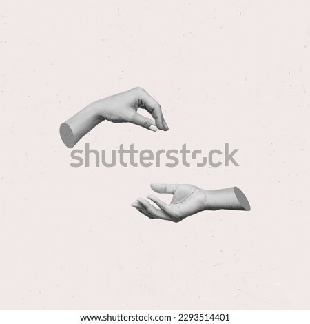 Female hand makes a gesture like handing the hanging object to outstretched hand isolated on a beige background. Handover. 3d trendy collage in magazine style. Contemporary art. Modern design