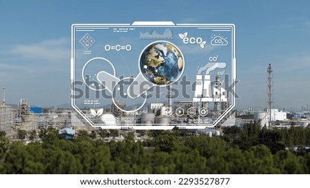 Illustration depicts carbon CO2, global warming theories, and greenhouse gases against a background of a big industrial factory. business and industrial network, green energy and environmental idea Royalty-Free Stock Photo #2293527877
