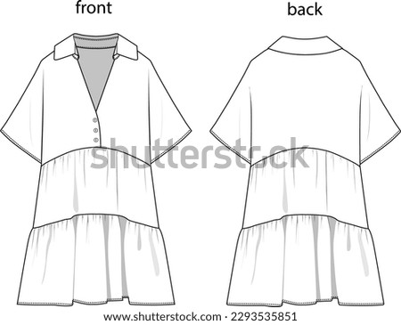 shirt collar, pieced gather detail skirt,
short-sleeved dress with ornamental buttons,
woman short dress vector drawing, dress
front and back drawing Royalty-Free Stock Photo #2293535851