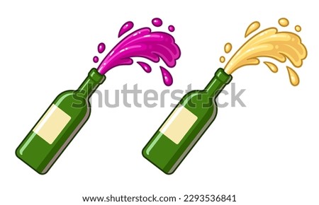 Splashing red wine and white wine from bottle. Cartoon vector clip art illustration.