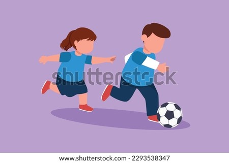 Graphic flat design drawing cute little boy and girl playing football together. Two happy kid playing sport at playground. Children kicking ball by foot between them. Cartoon style vector illustration