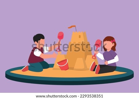Character flat drawing of happy little boy and girl of preschool age are playing in sandbox. Two cheerful kids making sandcastle in sandbox. Outdoor game playground. Cartoon design vector illustration Royalty-Free Stock Photo #2293538351
