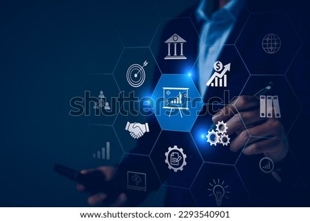 Digital business planning concept. Modern technology businessman planning marketing, investing, strategy, trading, searching business information, analyzing future economic trends. Internet networks.