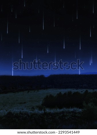 Beautiful landscape with nature and shooting stars in the sky. Meteor shower over green valley and forest at night.