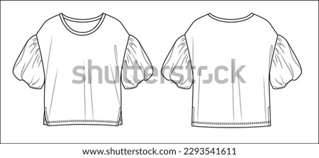 Vector short balloon sleeved T-Shirt fashion CAD, woman round neck boxy shape top technical drawing, template, flat, sketch. Jersey or woven fabric basic t shirt with front, back view, white color Royalty-Free Stock Photo #2293541611