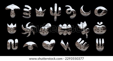 Set of various isolated chrome 3D elements in Y2K design style, shiny metallic vector abstract shapes - flower, heart, moon, crown, cactus, spiral, eye, lightning, mushroom Royalty-Free Stock Photo #2293550377