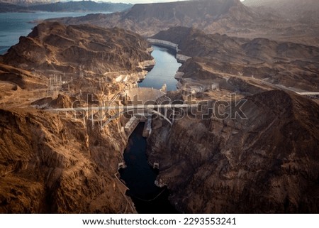 Aerial Shot of the Hoover Dam shot from a Helicopter Royalty-Free Stock Photo #2293553241