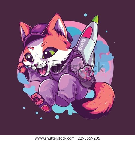 Vector fox astronaut riding rocket in space cartoon vector icon illustration. animal science isolated