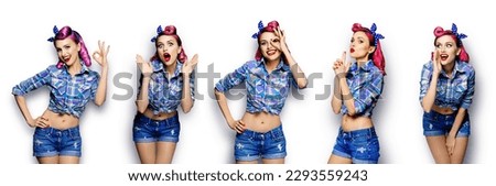 WOW! Unbelievable huge sales! Excited surprised, very happy, shocked red haired woman. Pin up girl gesturing. Rockabilly model collage set image. Isolated white background. Ok okay hand sign.