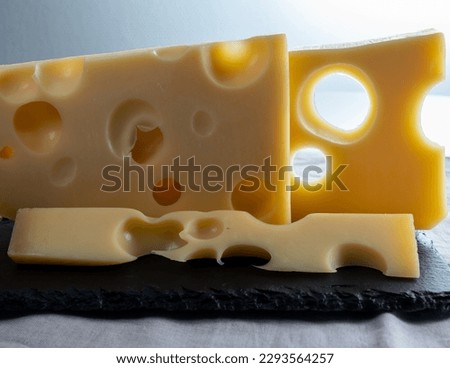 Swiss cheese collection, yellow emmentaler or emmental cheese with round holes close up Royalty-Free Stock Photo #2293564257