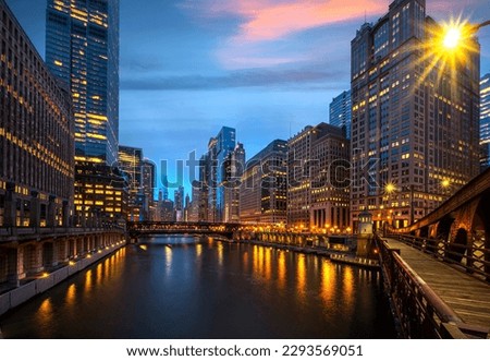 Chicago Downtown. Image of Chicago downtown riverfront at sunset. Royalty-Free Stock Photo #2293569051