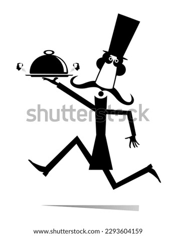 Man carries a cloche serving plate. 
Running long mustache man in the top hat carries a cloche serving plate. Black and white

