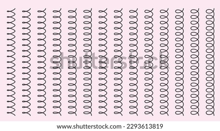 Springs of various scales and sizes for physics and science. Hooke's low. Physics of metal springs. Flexible metal elastic spiral springs. Flexion of three springs by weight. White background. Physica