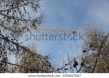 High construction crane on the background of the spring sky