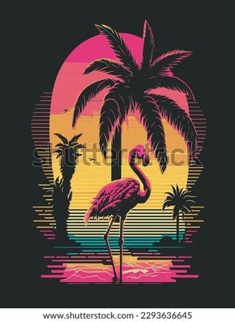 A colorful flamingo and palm trees at sunset,summer paradise, in retro style. Bright neon colors.  for t-shirts, covers, tattoos, interiors, posters and advertising Royalty-Free Stock Photo #2293636645