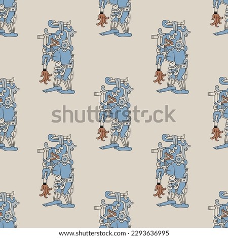 Seamless ethnic pattern with ancient Mayan rain god Chaac. Codex design. On white background.