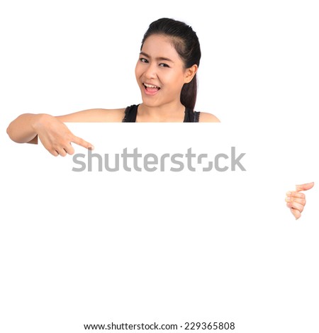 Woman showing blank billboard isolated on white background 
