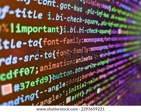 Simple website HTML code with colorful tags in browser view on dark background. Abstract computer script  code. Programming code abstract background screen of software. Creative Js HTML