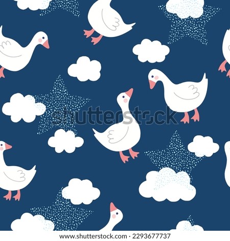 Cute goose on a deep blue sky background with clouds and stars, kids fabric and textile vector print design, seamless pattern