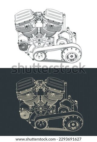 Stylized vector illustration of blueprints of powerful motorcycle engine