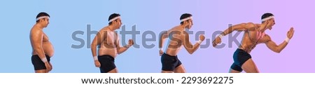 Run. Before and After Weight Loss fitness Transformation. Never give up. Fat man jogging to slim shape. Guy running to lose weight and become a athlete. Fat to fit concept