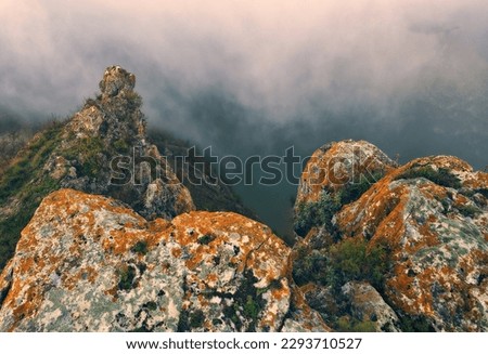 fog in the canyon. Autumn morning in the Dnister river valley. Nature of Ukraine