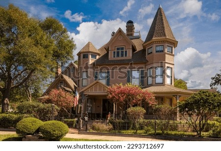 A southern mansion and a large live oak tree in Fernandina, Georgia. Royalty-Free Stock Photo #2293712697