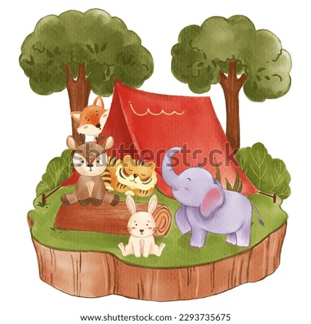 Wildlife animals are camping in jungle . Realistic watercolor paint with paper textured . Cartoon character design . Vector .