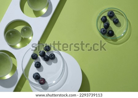 Several glass balls with different sizes displayed with glass petri dish of blueberries. Organic beauty product advertising with blank space. Blueberry has benefits for skin and health