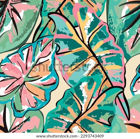 Summer leaves pattern looking like unfinished watercolors, tropical pattern perfect for textiles and decoration