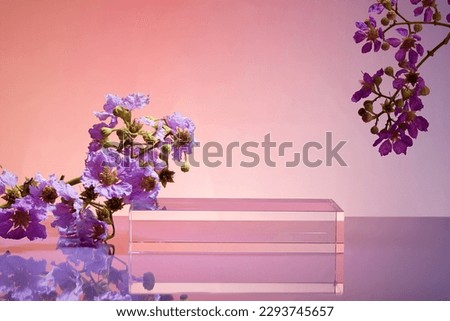 A glass transparent podium in rectangle shape for product advertising stage background platform or empty luxury pedestal exhibition scene. Gradient background