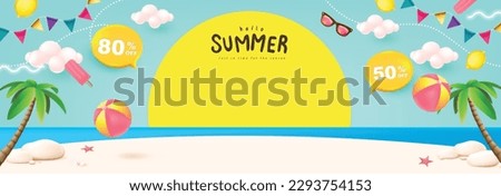 Summer travel poster banner with sun set and summer beach scene design background Royalty-Free Stock Photo #2293754153