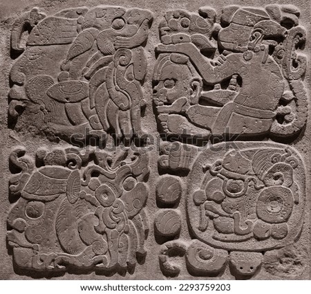 Mayan Alphabet. Close up of hieroglyph or glyph writing system found in Copan (Honduras), Tikal (Guatemala) and Chichen Itza, Palenque, Uxmal, Yaxchilan, Bonampak (Mexico). Royalty-Free Stock Photo #2293759203