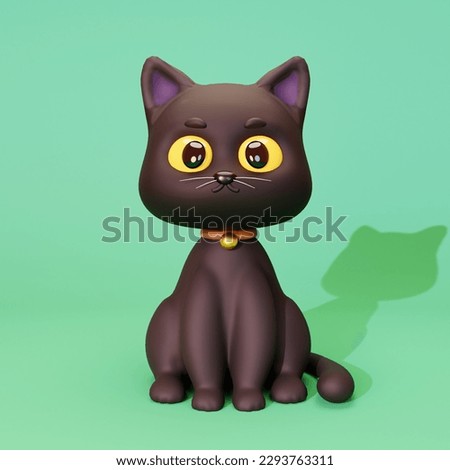Cute black cat character in cartoon style sitting isolated on green background. 3d render