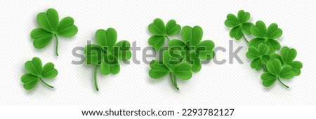 Realistic set of clover leaves isolated on transparent background. Vector illustration of 3D green four and three leaf trifoils. Symbol of good luck, chance to success. Saint Patrick Day icons png