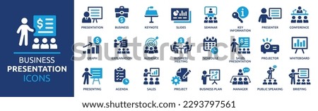 Business presentation icon set. Containing seminar, sales presentation, keynote, meeting, whiteboard, conference and business plan icons. Solid icon collection vector illustration.