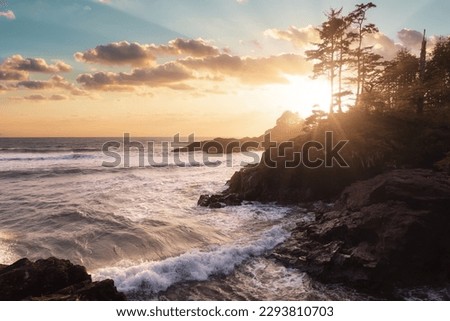 Rocky Shore on West Coast of Pacific Ocean in Tofino. Cox Bay in Vancouver Island, British Columbia, Canada. Sunset Sky Art Render. Royalty-Free Stock Photo #2293810703