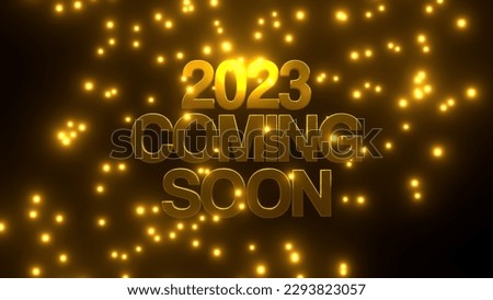 2023 COMING SOON with golden falling particle on black background. 4K UHD. 3d rendering.